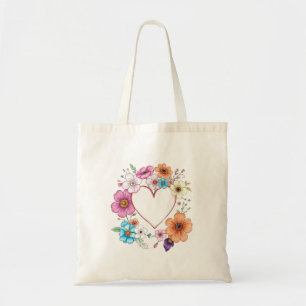 Floral Heart Frame Romantic Hand-Drawn Flowers Tote Bag