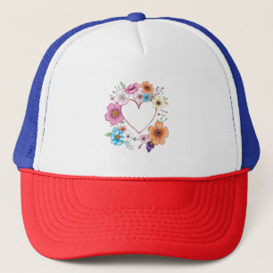 Floral Heart Frame Romantic Hand-Drawn Flowers Trucker Hat