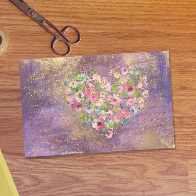 Floral Heart Gold Antique Handwriting Decoupage Tissue Paper (Creator Uploaded)
