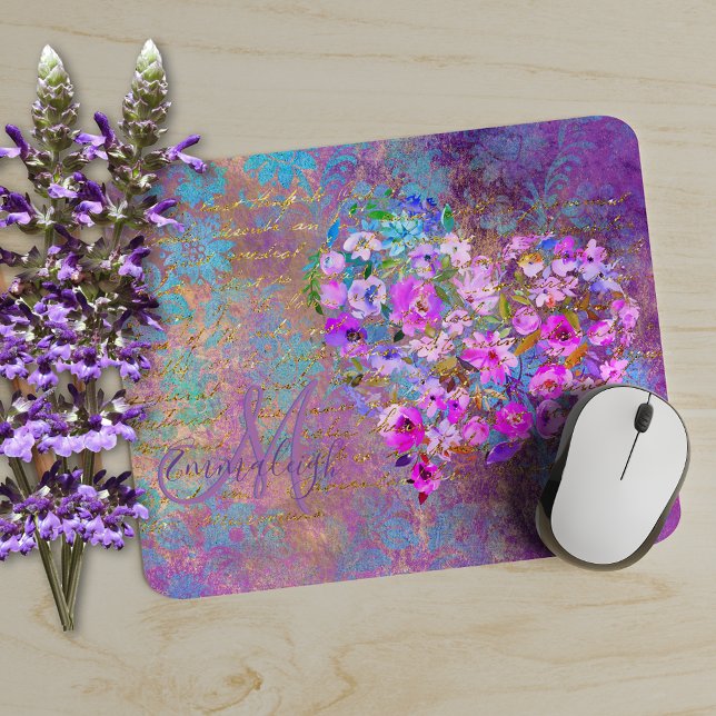 Floral Heart Gold Antique Handwriting Monogram Mouse Mat (Creator Uploaded)