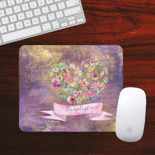 Floral Heart Gold Antique Handwriting Monogram Mouse Mat