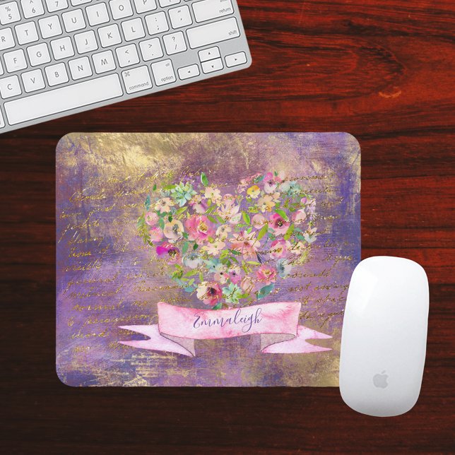 Floral Heart Gold Antique Handwriting Monogram Mouse Mat (Creator Uploaded)