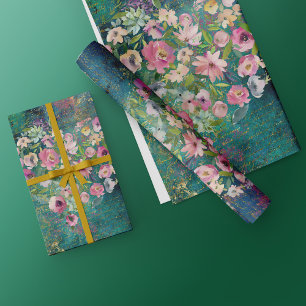 Floral Heart Gold Romantic Handwriting Wrapping Paper