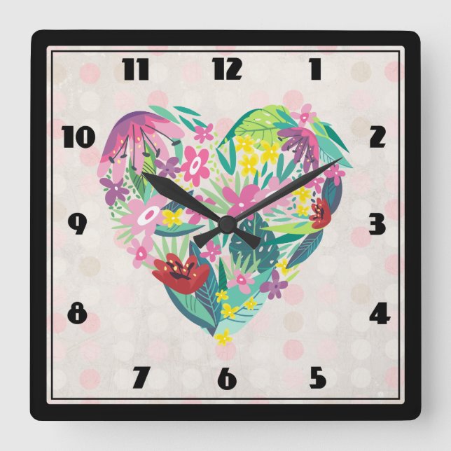 Floral Heart Illustration in Pink and Green Square Wall Clock (Front)