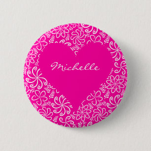 Floral heart in pink with a name 6 cm round badge