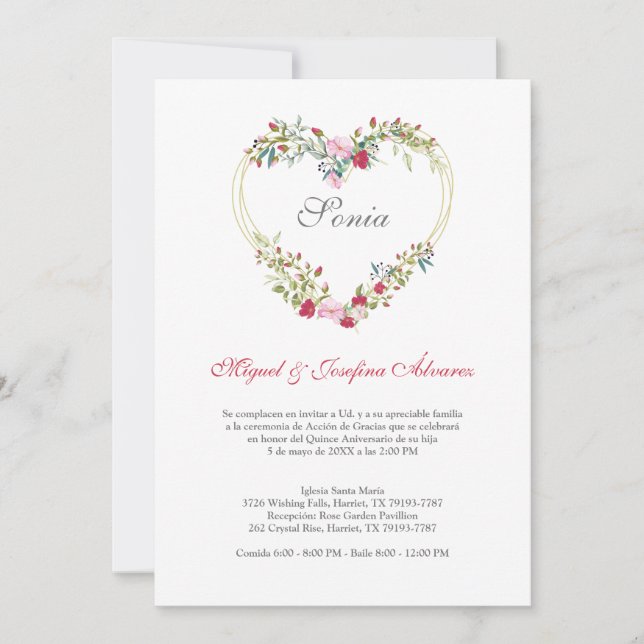 Floral Heart in Rosa and Red for Quinceañera (Front)