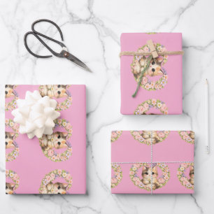 Floral Heart Kawaii art Kitten Wrapping Paper Sheet