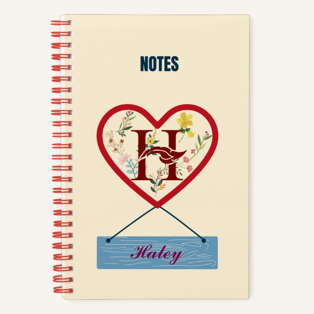 Floral Heart Monogram - Named with Letter H Notebook (Front)