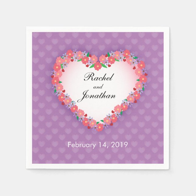 Floral Heart on Light Purple, Personalised Wedding Napkin (Front)