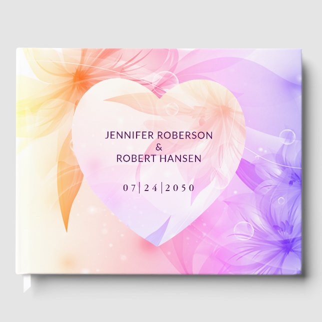 Floral Heart Orange Purple Dewdrops Wedding Guest Book (Front)