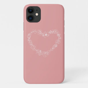 Floral heart outline pink white line iPhone 11 case