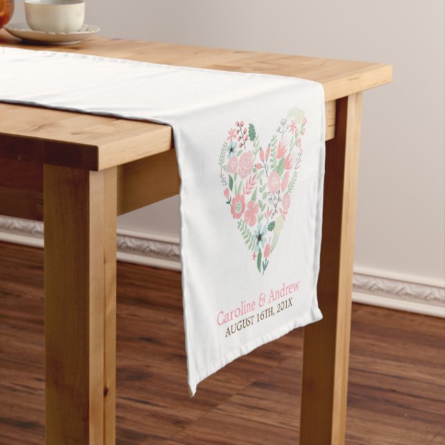 Floral Heart Personalised Wedding Short Table Runner (In Situ)