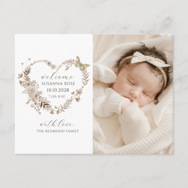 Floral Heart Photo Birth Announcement Postcard (Front)