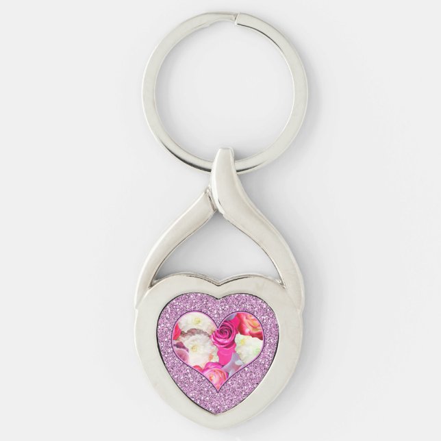 Floral Heart Pink & Lavender Faux Glitter Key Ring (Front)