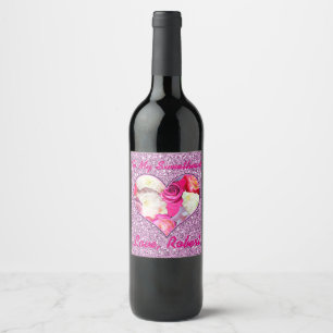 Floral Heart Pink & Lavender Faux Glitter Wine Label