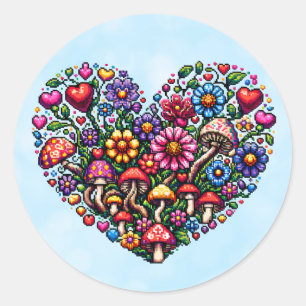 Floral Heart Pixel Art Classic Round Sticker