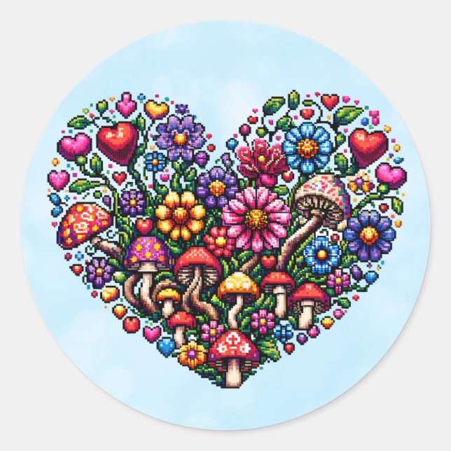 Floral Heart Pixel Art Classic Round Sticker (Front)