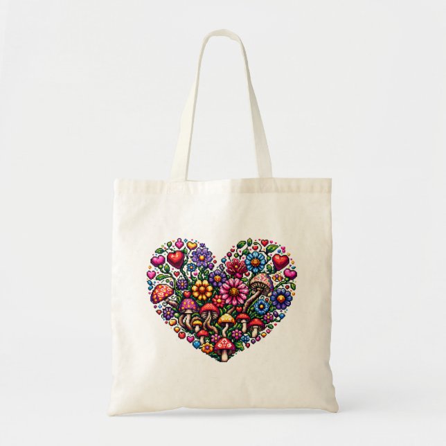 Floral Heart Pixel Art Personalised Tote Bag (Front)