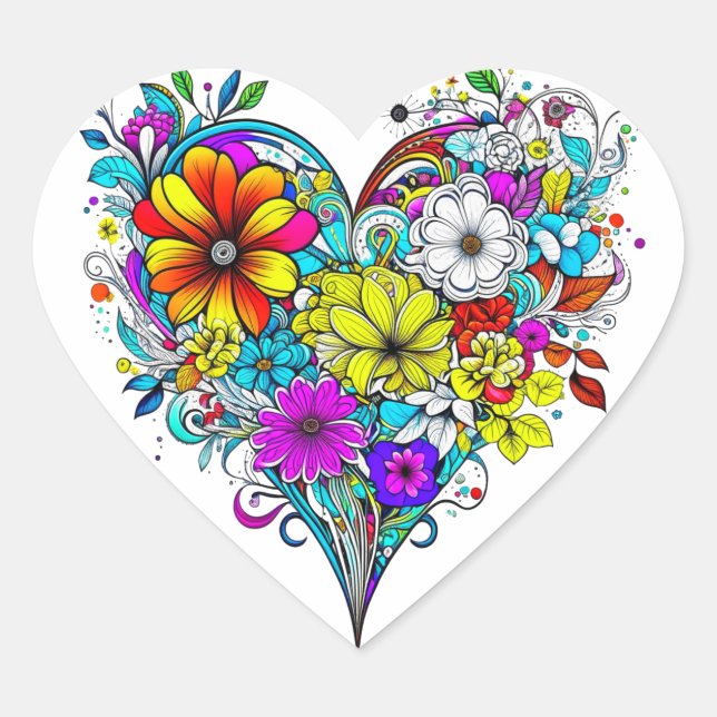 Floral Heart Pretty Colourful Heart Sticker (Front)