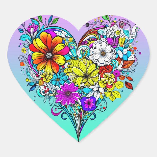 Floral Heart Pretty Colourful Sticker (Front)