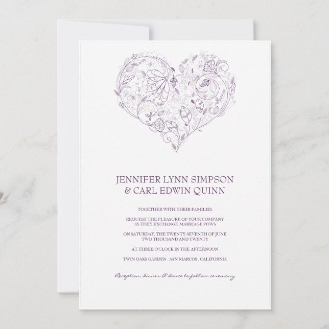 Floral Heart Purple Wedding Invitation (Front)