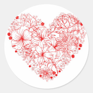 Floral Heart, Red Flowers Heart Classic Round Sticker