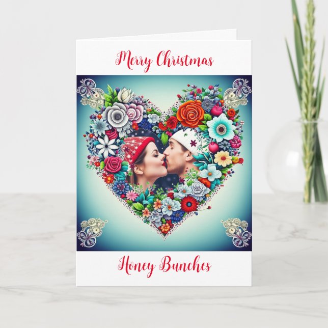 Floral Heart Romantic Personalised Christmas Holiday Card (Front)
