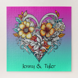 Floral Heart Romantic Personalised Jigsaw Puzzle