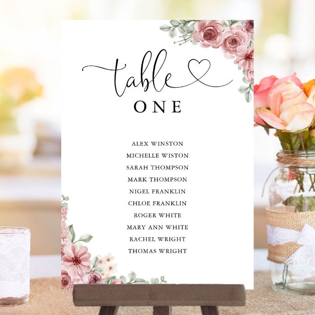 Floral Heart Script Table Number Seating Chart (Floral Heart Script Table Number Seating Chart)
