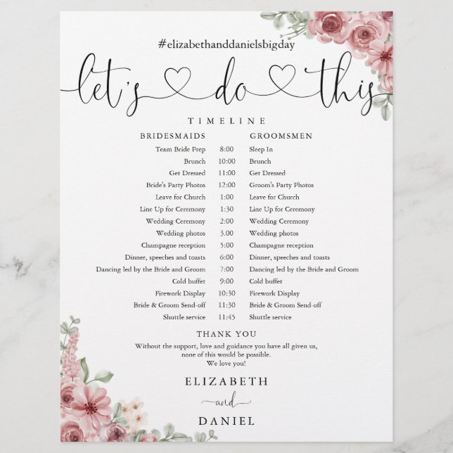 Floral Heart Script Wedding Schedule Timeline (Front)