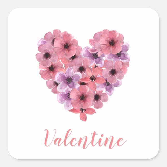 Floral Heart Valentine Square Sticker (Front)