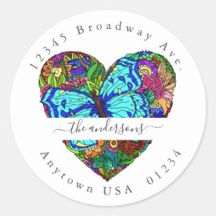 Floral Heart w Butterfly; Return Address Env Seal