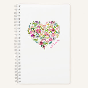 Floral Heart Watercolor Pink NAME Lovely Sweet Notebook