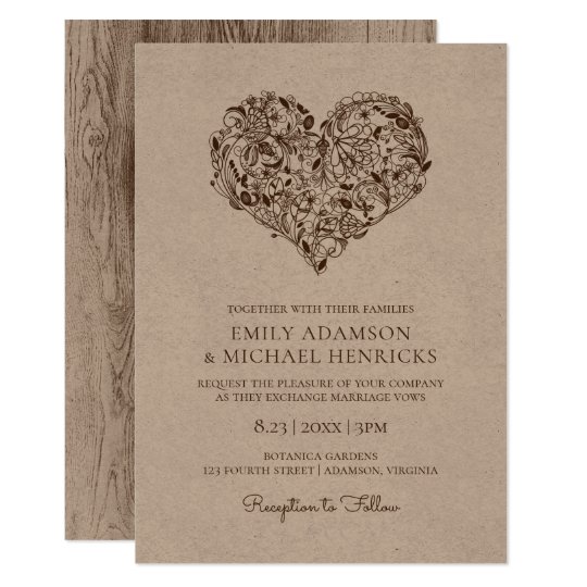 floral heart wedding invitations brown kraft heart wedding invites