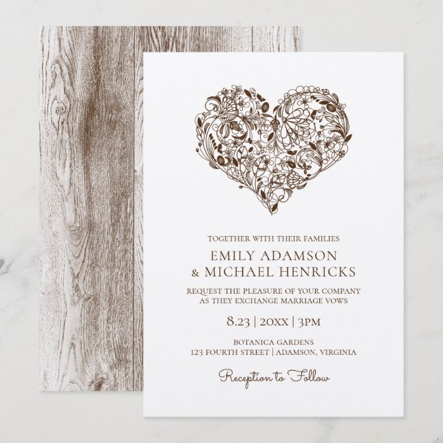 Floral Heart Wedding Invitations | Brown Kraft (Front/Back)