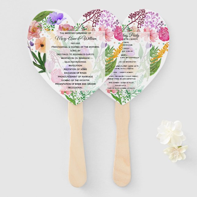 Floral Heart Wedding Program Fan (Front and Back)