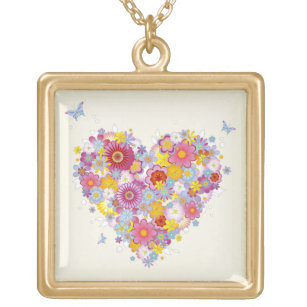 Floral heart with butterflies gold plated necklace