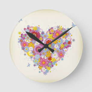 Floral heart with butterflies round clock