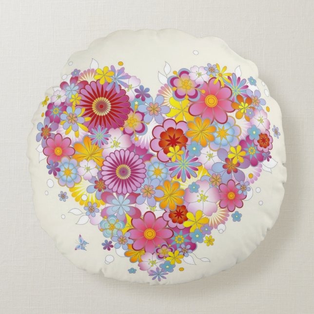 Floral heart with butterflies round cushion (Front)