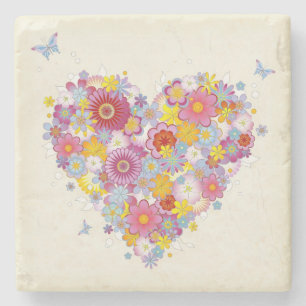 Floral heart with butterflies stone coaster
