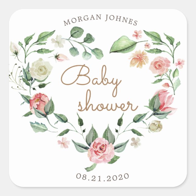 floral heart wreath baby shower square sticker (Front)
