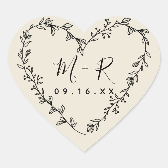 Floral Heart Wreath Calligraphy Initials Heart Sticker (Front)