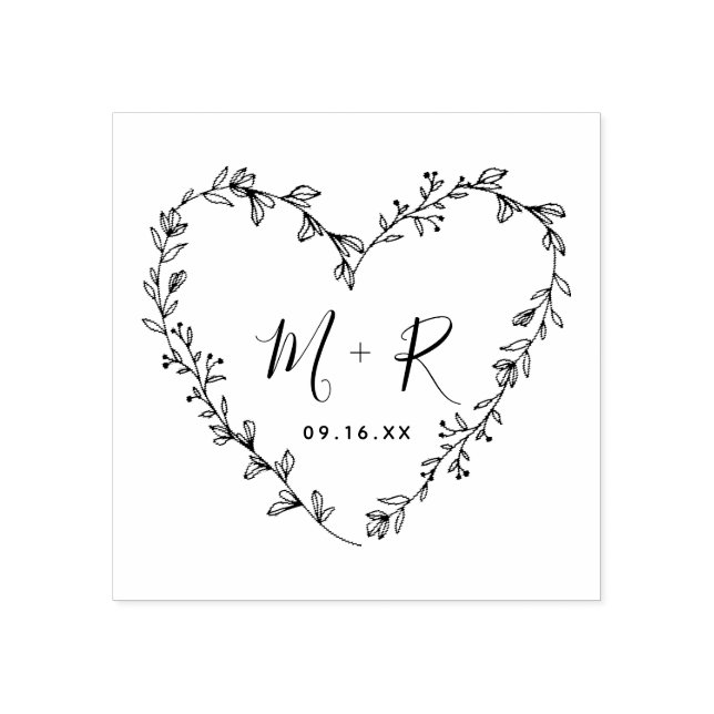 Floral Heart Wreath Calligraphy Initials Rubber Stamp (Imprint)