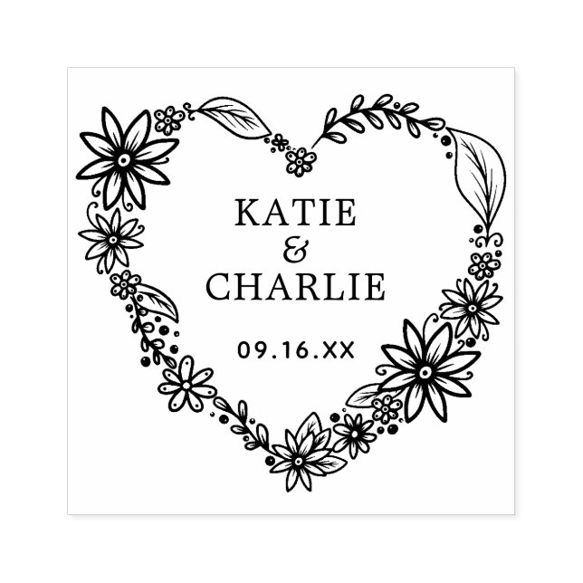 Floral Heart Wreath Couples Names Rubber Stamp (Imprint)