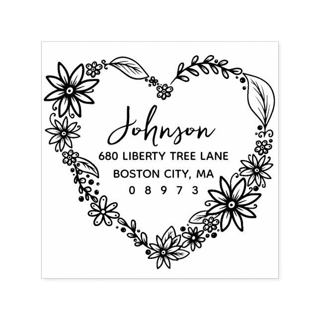 Floral Heart Wreath Family Return Address Self-inking Stamp (Design)