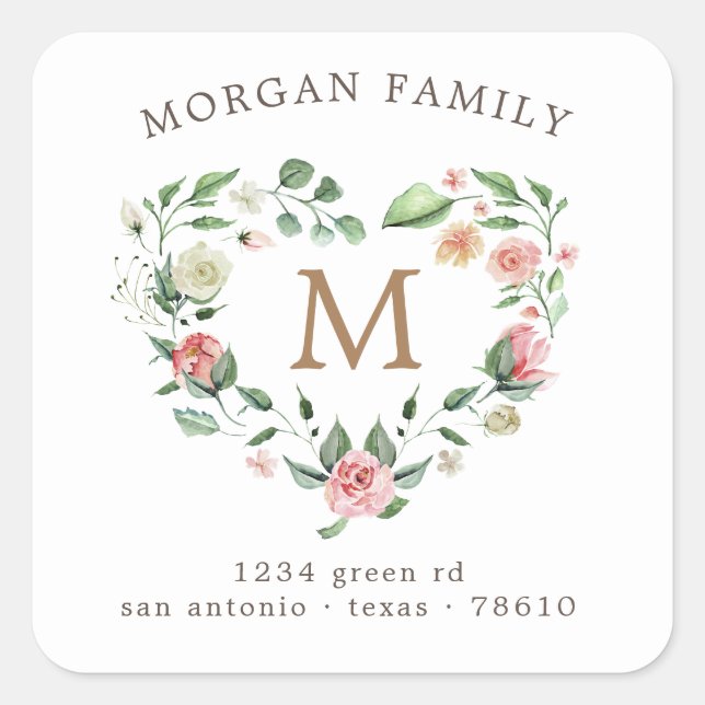 floral heart wreath monogram return address square sticker (Front)