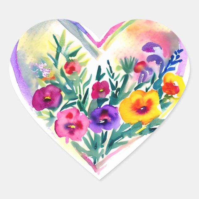 Floral Heart Wreath | Pastel Watercolor Magenta Heart Sticker (Front)