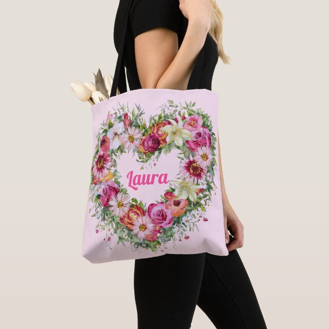 Floral Heart Wreath Personalised Tote Bag (Close Up)