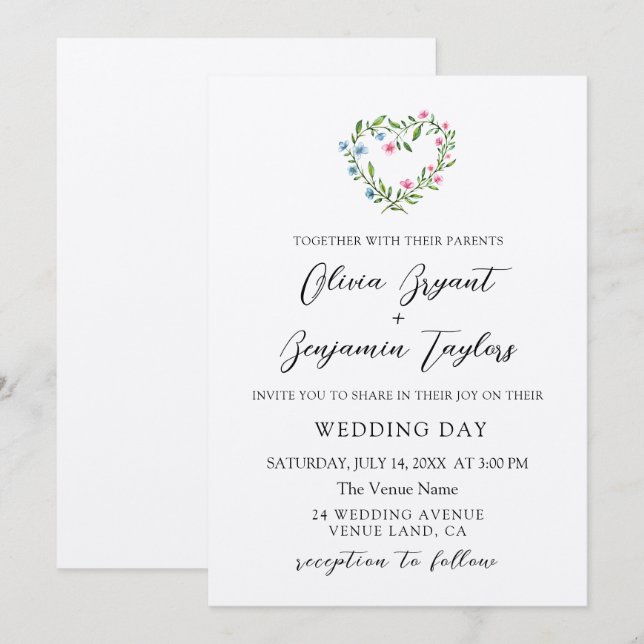 Floral Heart Wreath. Rustic elegant Wedding Invitation (Front/Back)