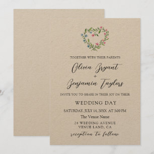 Floral Heart Wreath. Rustic elegant Wedding Invitation